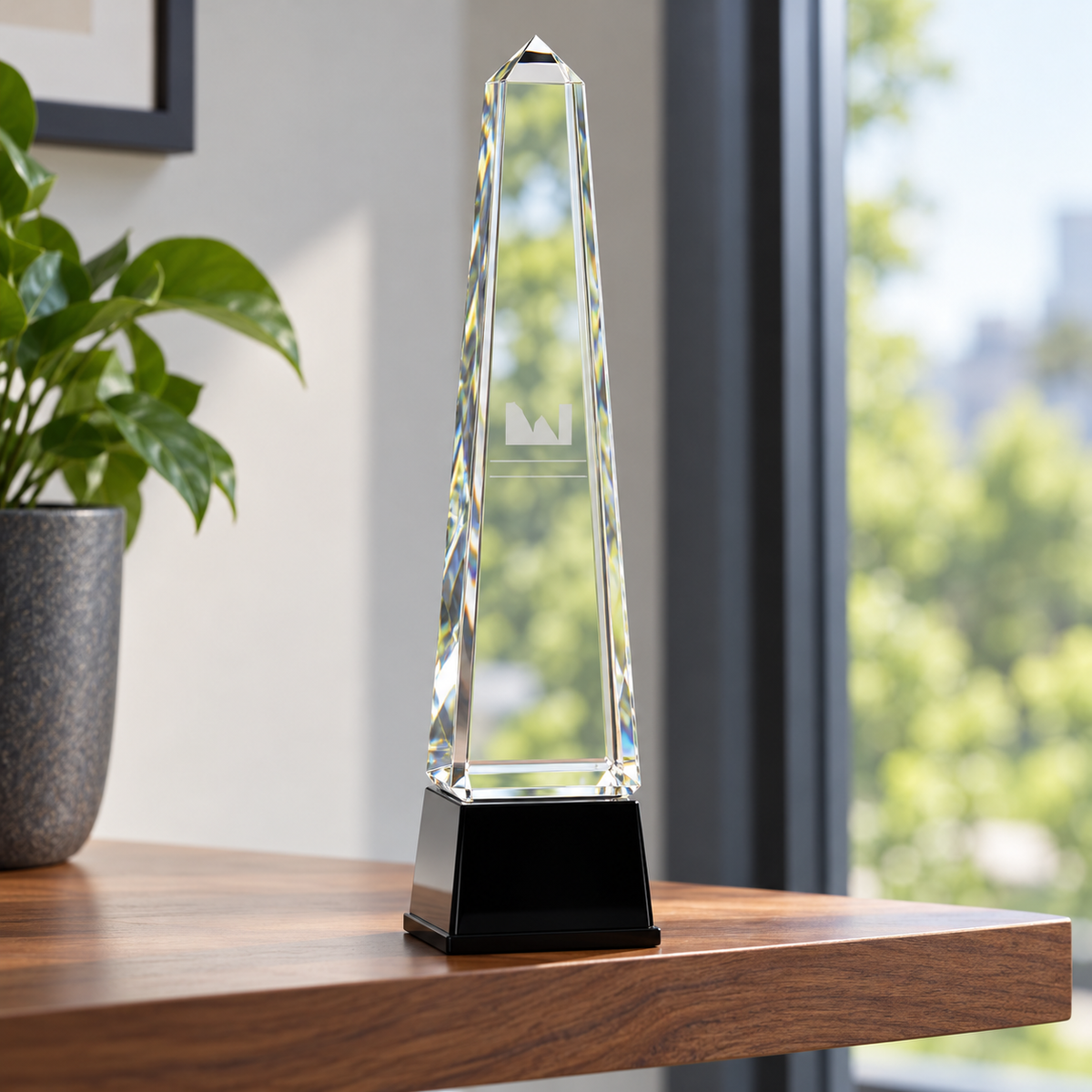 12" Obelisk Crystal on Black Pedestal Base