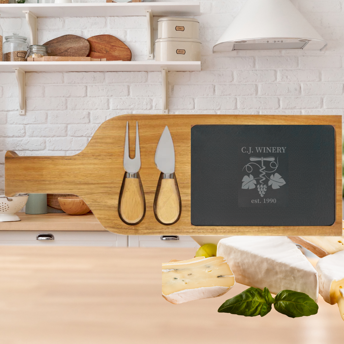 Acacia Wood Cheese Entertainment Cutting and Serving Board with Stainless Steel, Wood - Knife and Fork