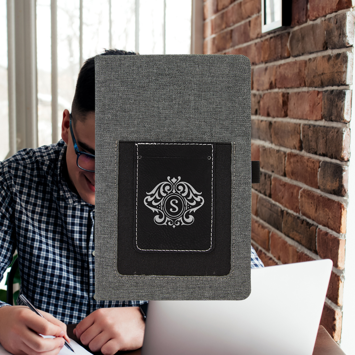5 1/4" x 8 1/4" Gray w/Black Laserable Leatherette Journal with Cell/Card Slot
