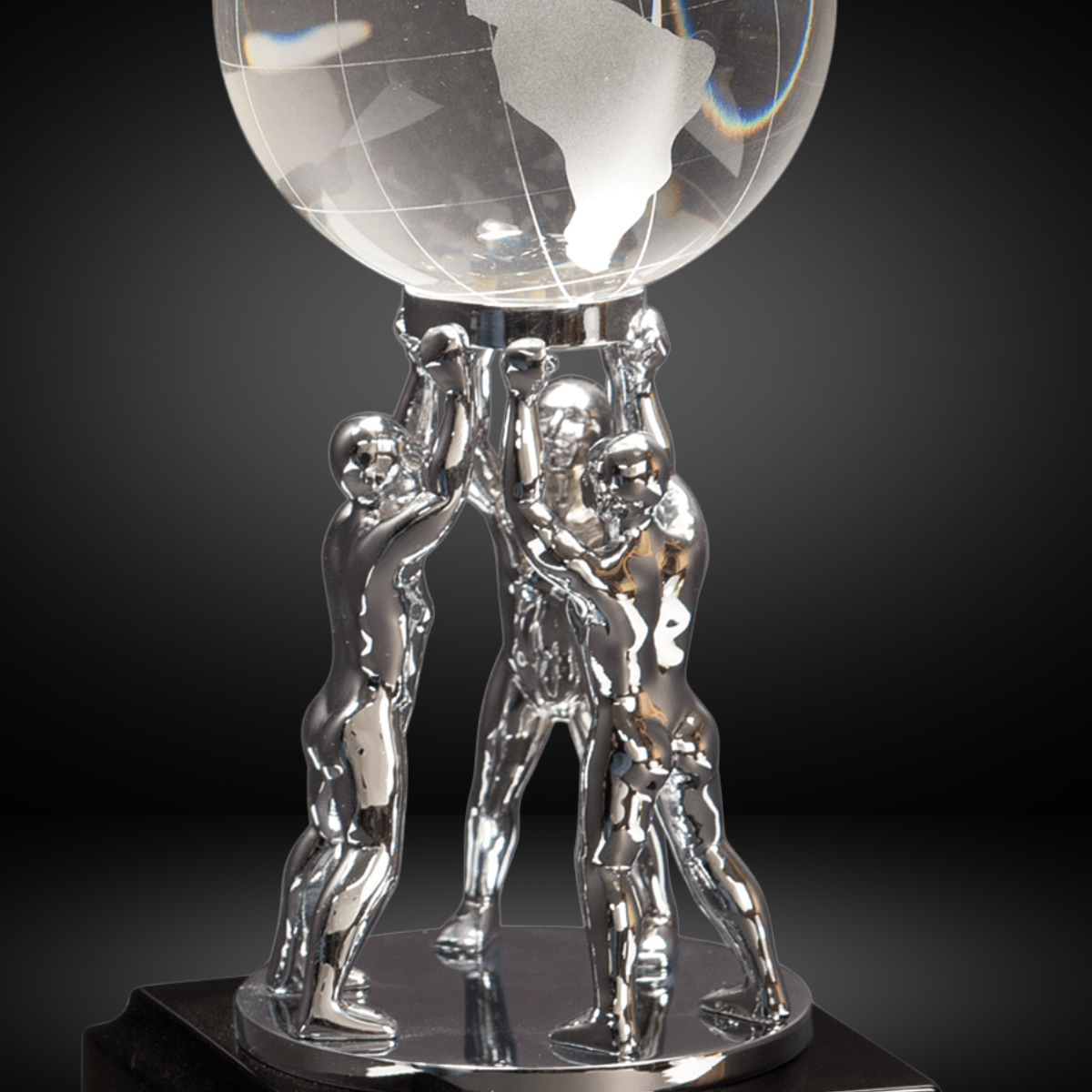10" Clear Crystal Globe with Silver Men/Stand on Black Piano Finish Base