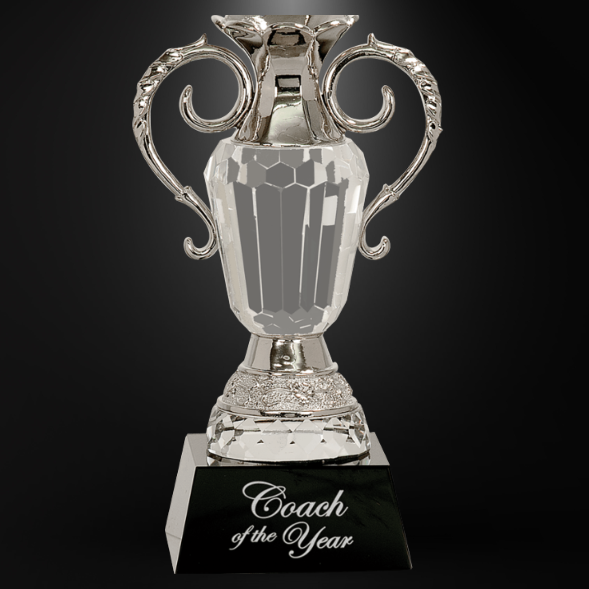 8" Crystal Cup with Silver Metal Handles on Black Pedestal Base