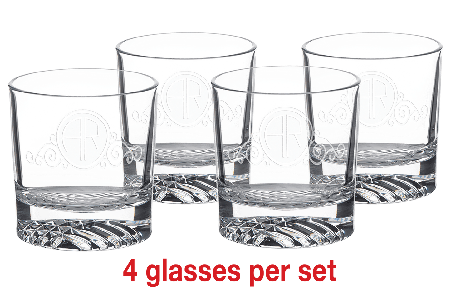Four Polar Camel 9 oz. Round Rocks Glasses in Black Gift Box with Printed Paper Sleeve