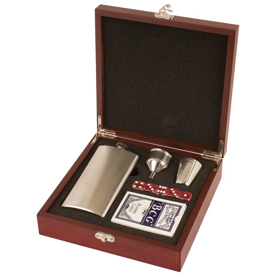 Flask Cards and Dice Gift Set in Wooden Rosewood Box