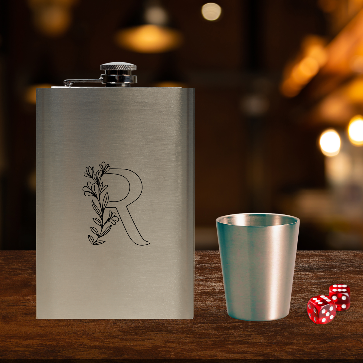 Flask Cards and Dice Gift Set in Wooden Rosewood Box