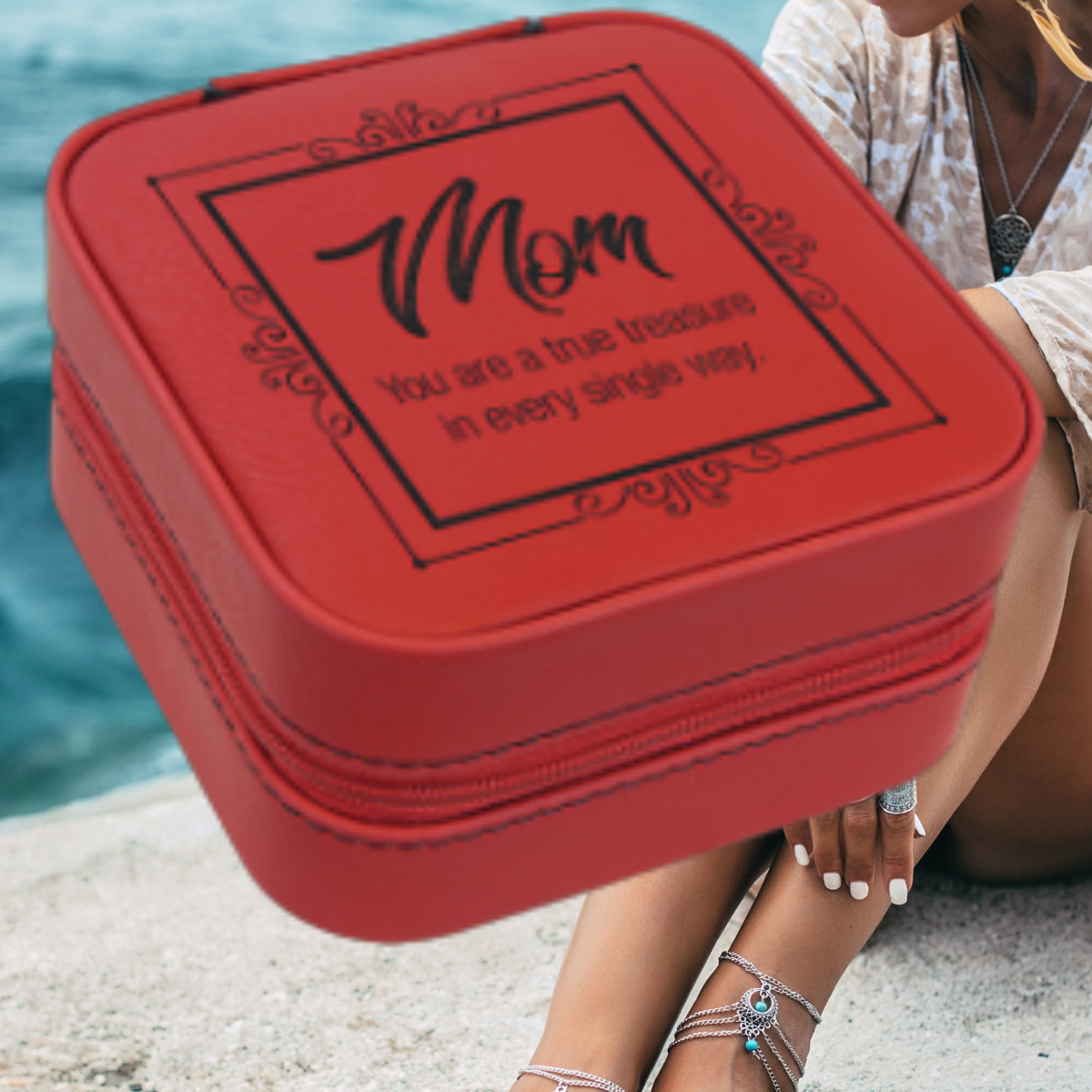 4" X 4" Dark Brown Laserable Leatherette Travel Jewelry Box with Tan Lining