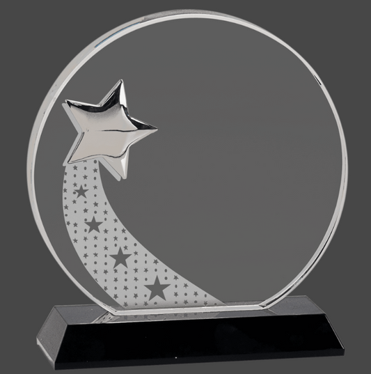 6 1/4" Round Crystal with Silver Star on Black Pedestal Base