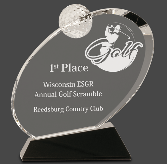 6 1/2" Clear Crystal Oblong Golf Award on Black Crystal Base