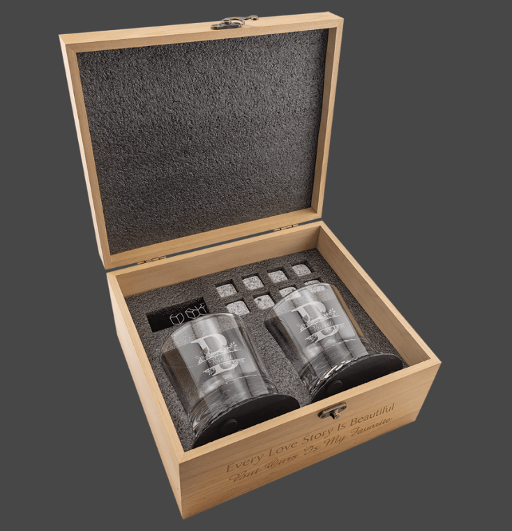 Red Alder Whiskey Set with Two 9 oz. Glasses, Two 4" Slate Coasters, and Eight Granite Whiskey Stones with a Black Velvet Bag