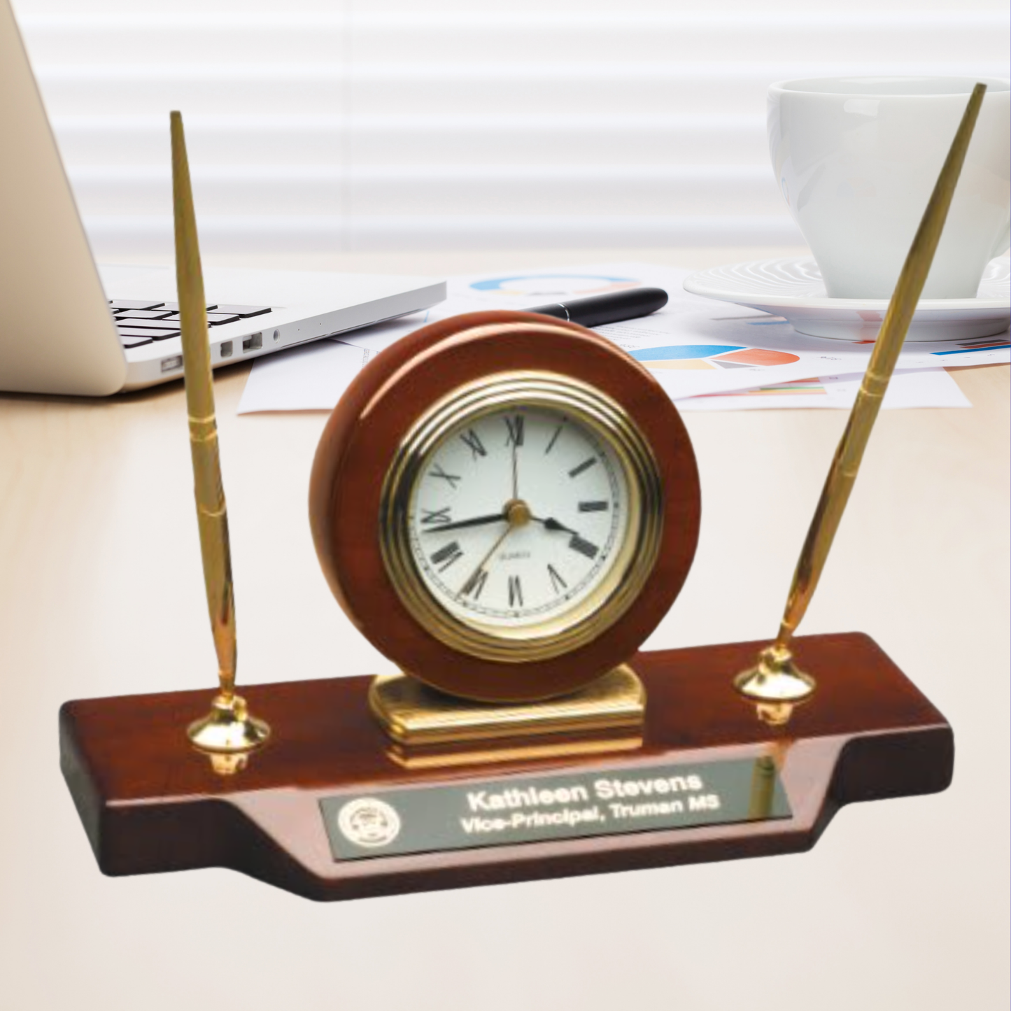 9" x 4 3/4" Piano Finish Desk Clock on Base with 2 Pens