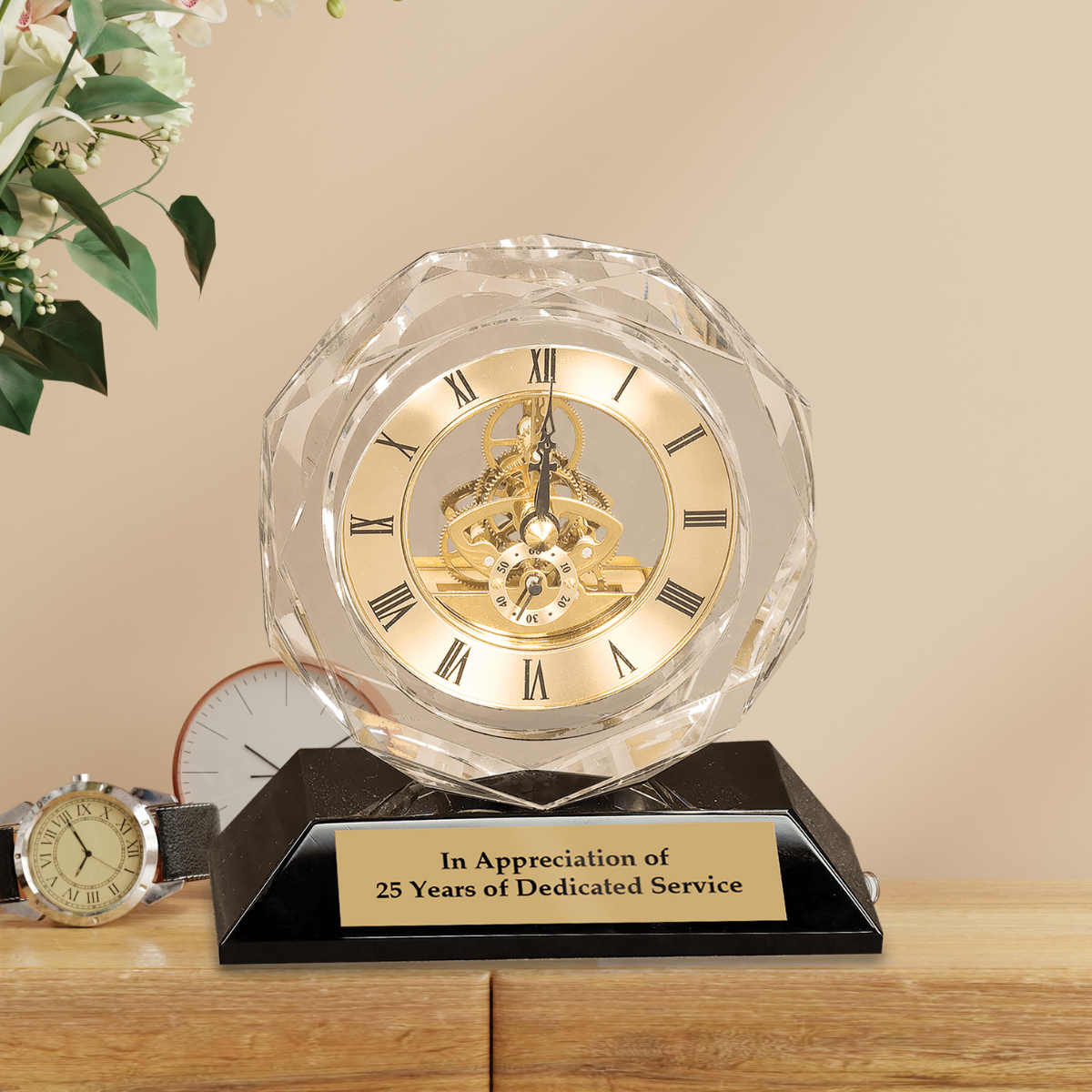 5 3/4" Clear Crystal Clock on Black Pedestal Base