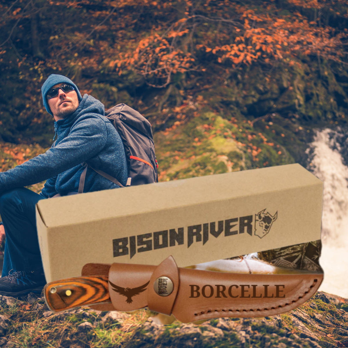Bison River Knife with Wood Fixed Blade and Leather Sheath