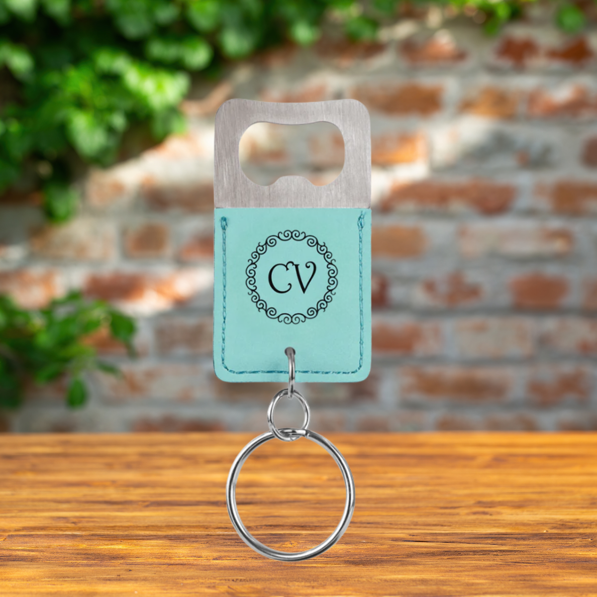 Keychain with Bottle Opener in Stainless Steel and Leatherette in a variety of Leather Colors