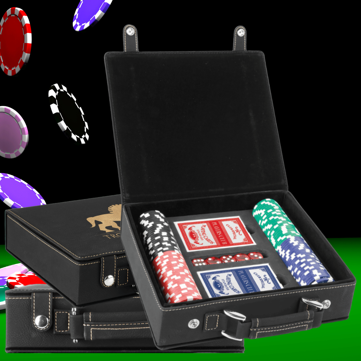 Black/Gold Laserable Leatherette 100 Chip Poker Set