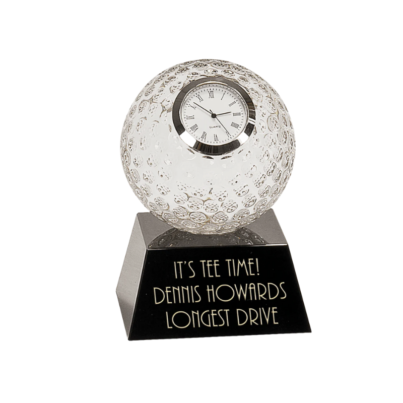 Crystal Clear Golf Ball with Clock on 3D Pedestal Black Base