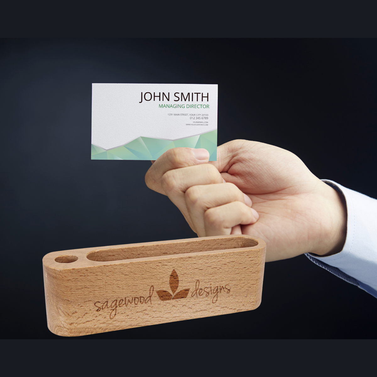 5 1/4" Beech Wood Business Card and Pen Holder