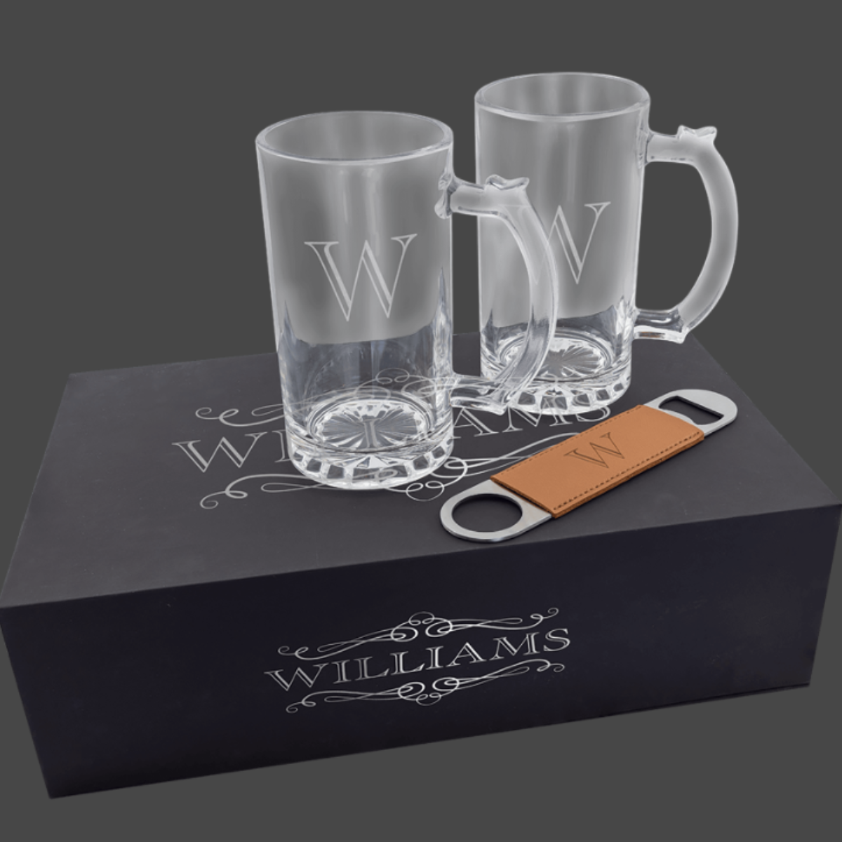 LazerBurst Beer Set with Two 14 oz. Mugs and One Rawhide Laserable Leatherette Bottle Opener-Black Lazerburst Lasers to Silver