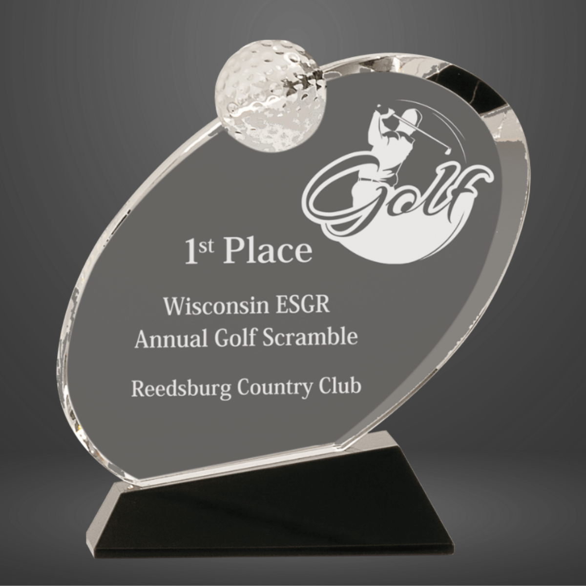 6 1/2" Clear Crystal Oblong Golf Award on Black Crystal Base