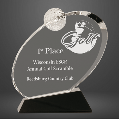 6 1/2" Clear Crystal Oblong Golf Award on Black Crystal Base