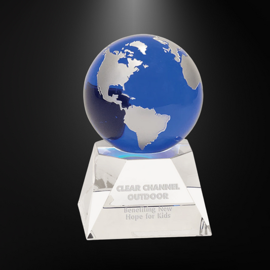 Blue Crystal Globe on Clear Crystal 3D Cube Base