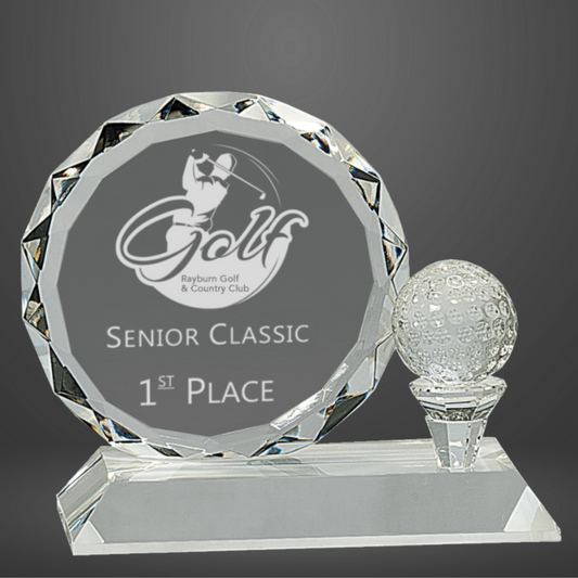 5 1/4"Round Facet Crystal with Golf Ball on Clear Pedestal Base