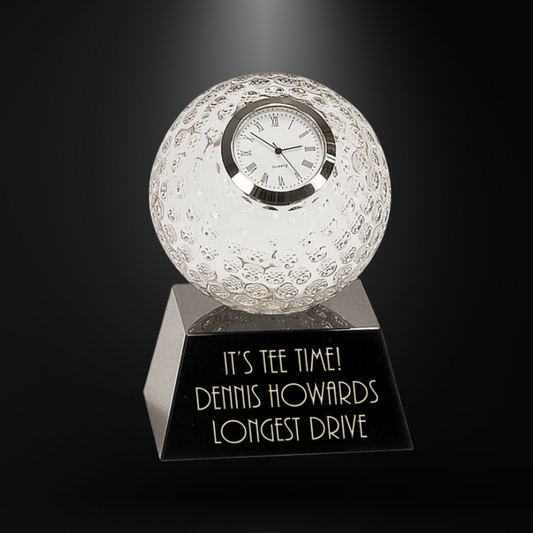 Crystal Clear Golf Ball with Clock on 3D Pedestal Black Base