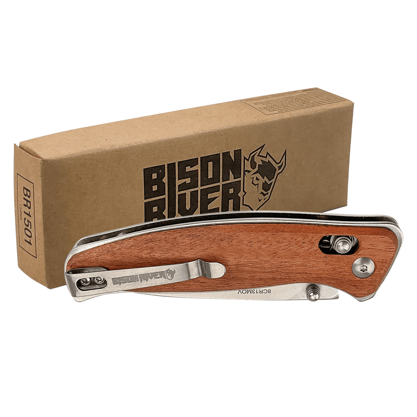 Bison River Folding Knife Wood with Button Lock
