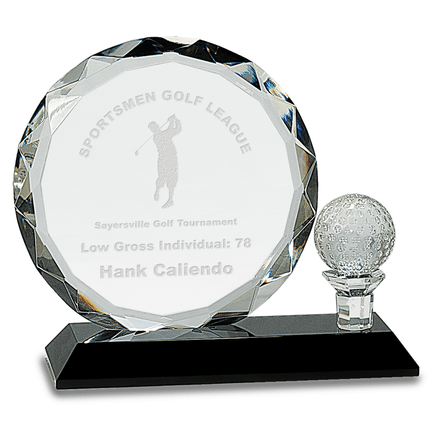 6 1/2"Round Facet Crystal with Golf Ball on Black Pedestal Base
