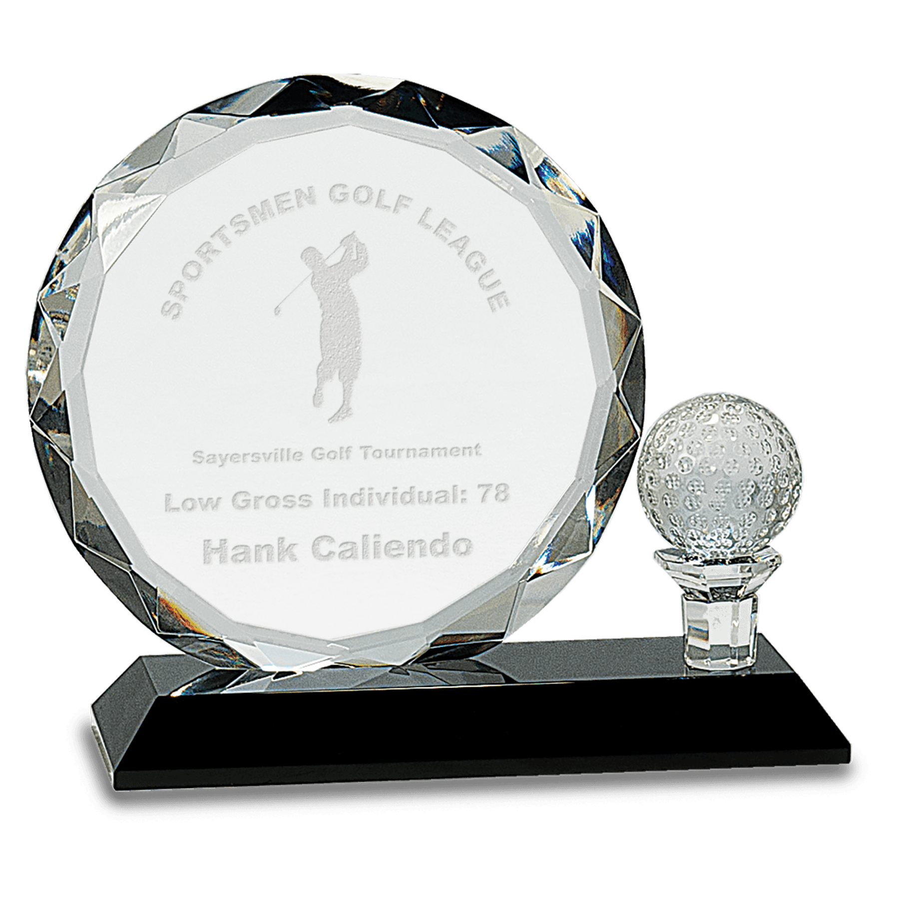 6 1/2"Round Facet Crystal with Golf Ball on Black Pedestal Base