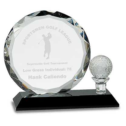 6 1/2"Round Facet Crystal with Golf Ball on Black Pedestal Base