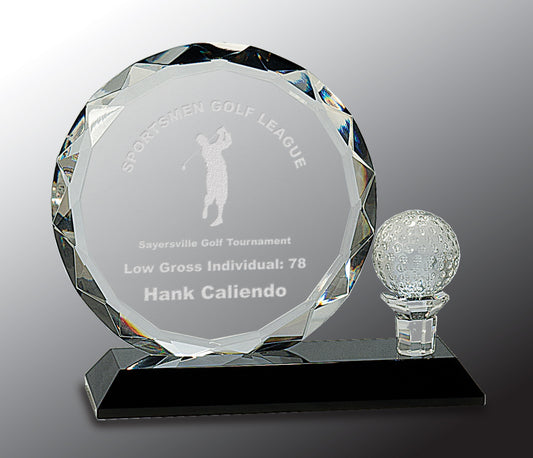 6 1/2"Round Facet Crystal with Golf Ball on Black Pedestal Base