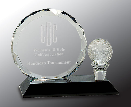 5 1/2" Round Facet Crystal with Golf Ball on Black Pedestal Base