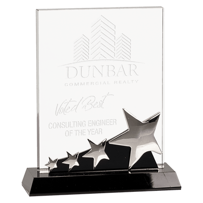 7" Rectangle Crystal with Silver Stars on Black Pedestal Base
