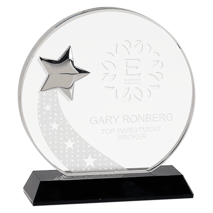 6 1/4" Round Crystal with Silver Star on Black Pedestal Base
