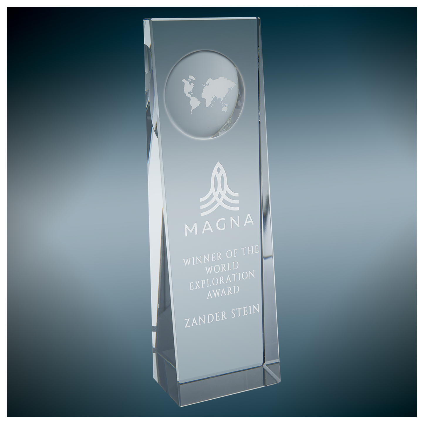 2 3/4" x 8 3/4" Clear Crystal Slant Front Rectangle with Engraved Globe