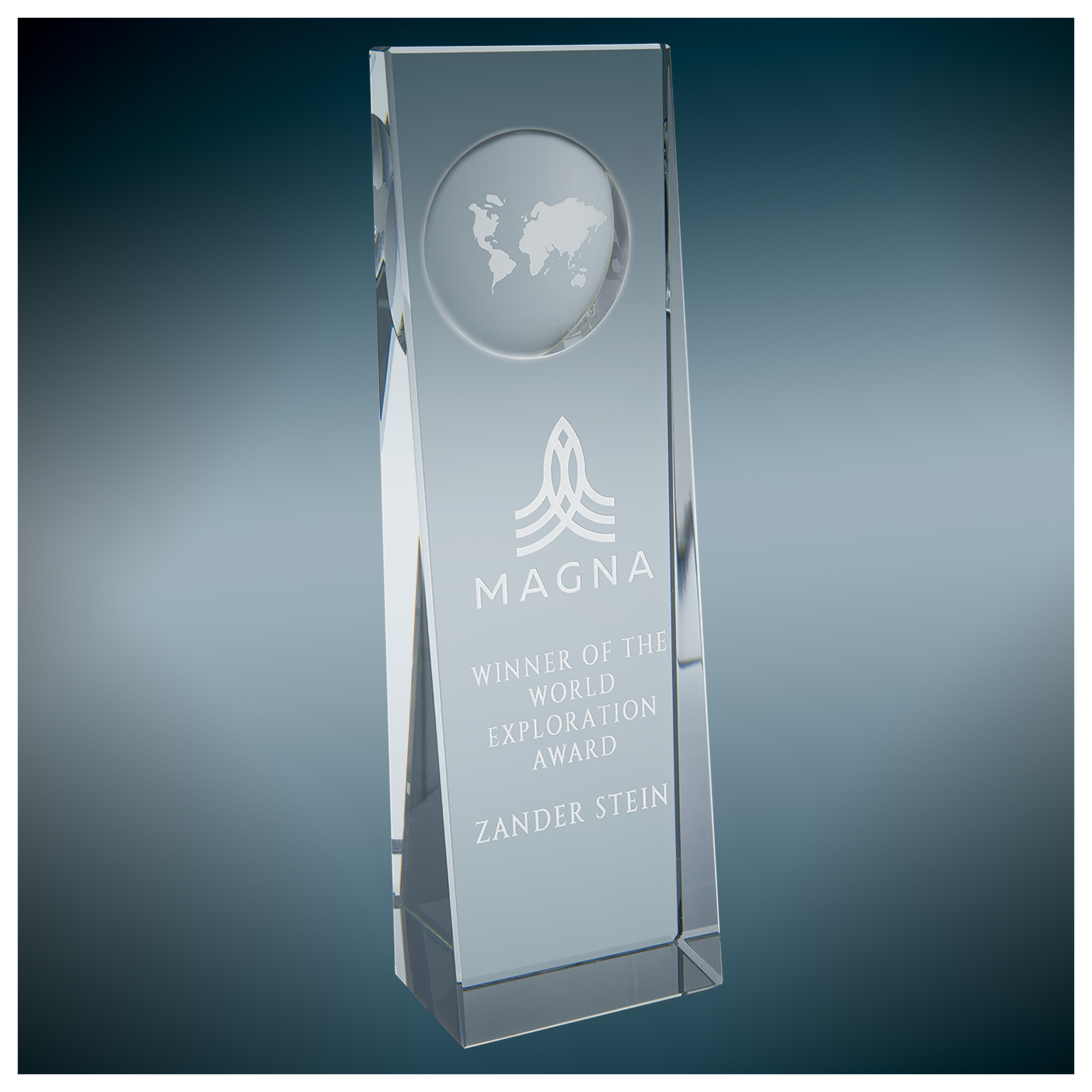 2 3/4" x 8 3/4" Clear Crystal Slant Front Rectangle with Engraved Globe