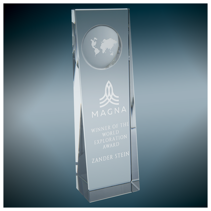 2 3/4" x 8 3/4" Clear Crystal Slant Front Rectangle with Engraved Globe