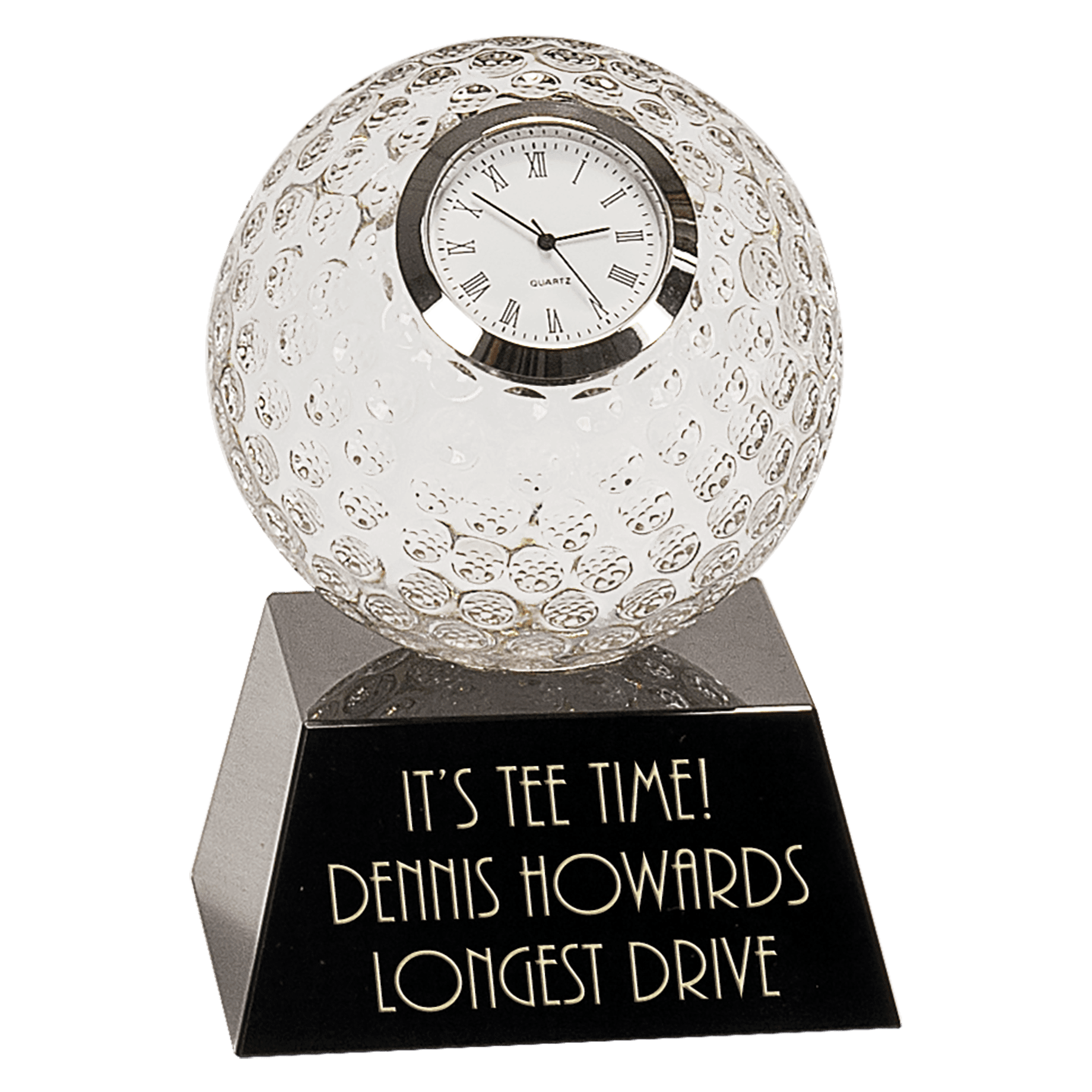 Crystal Clear Golf Ball with Clock on 3D Pedestal Black Base
