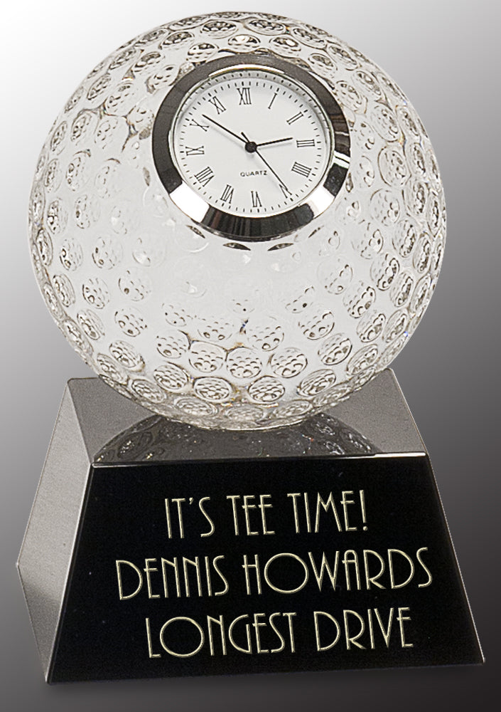 5'' Clear Crystal Golf Ball Clock with Black Pedestal Base