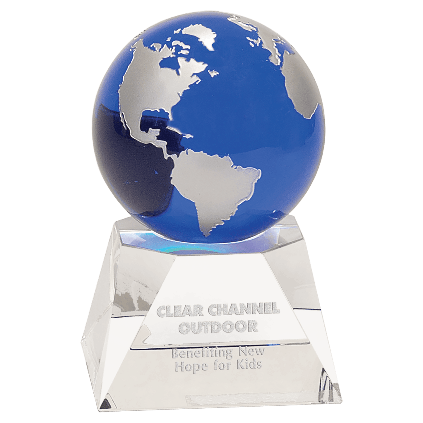 Blue Crystal Globe on Clear Crystal 3D Cube Base