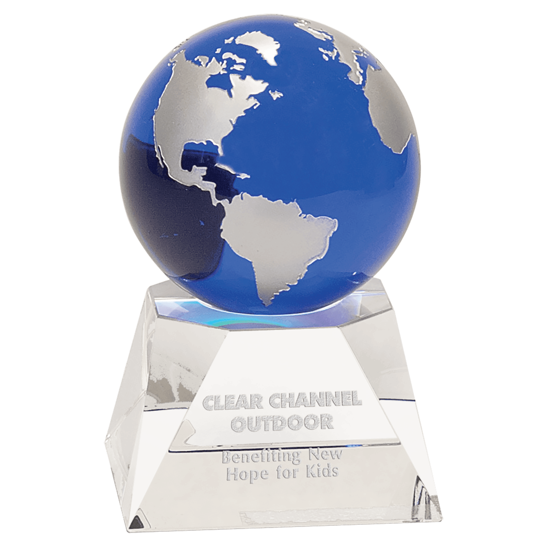 Blue Crystal Globe on Clear Crystal 3D Cube Base