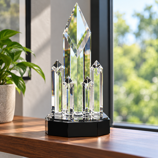 11" Clear Crystal 5 Rising Diamonds on Black Pedestal Base