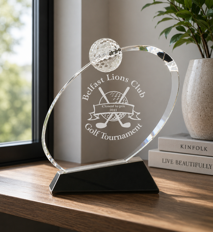 6" Clear Crystal Oblong Golf Award on Black Crystal Base
