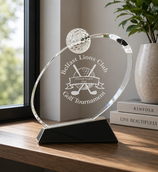 6" Clear Crystal Oblong Golf Award on Black Crystal Base