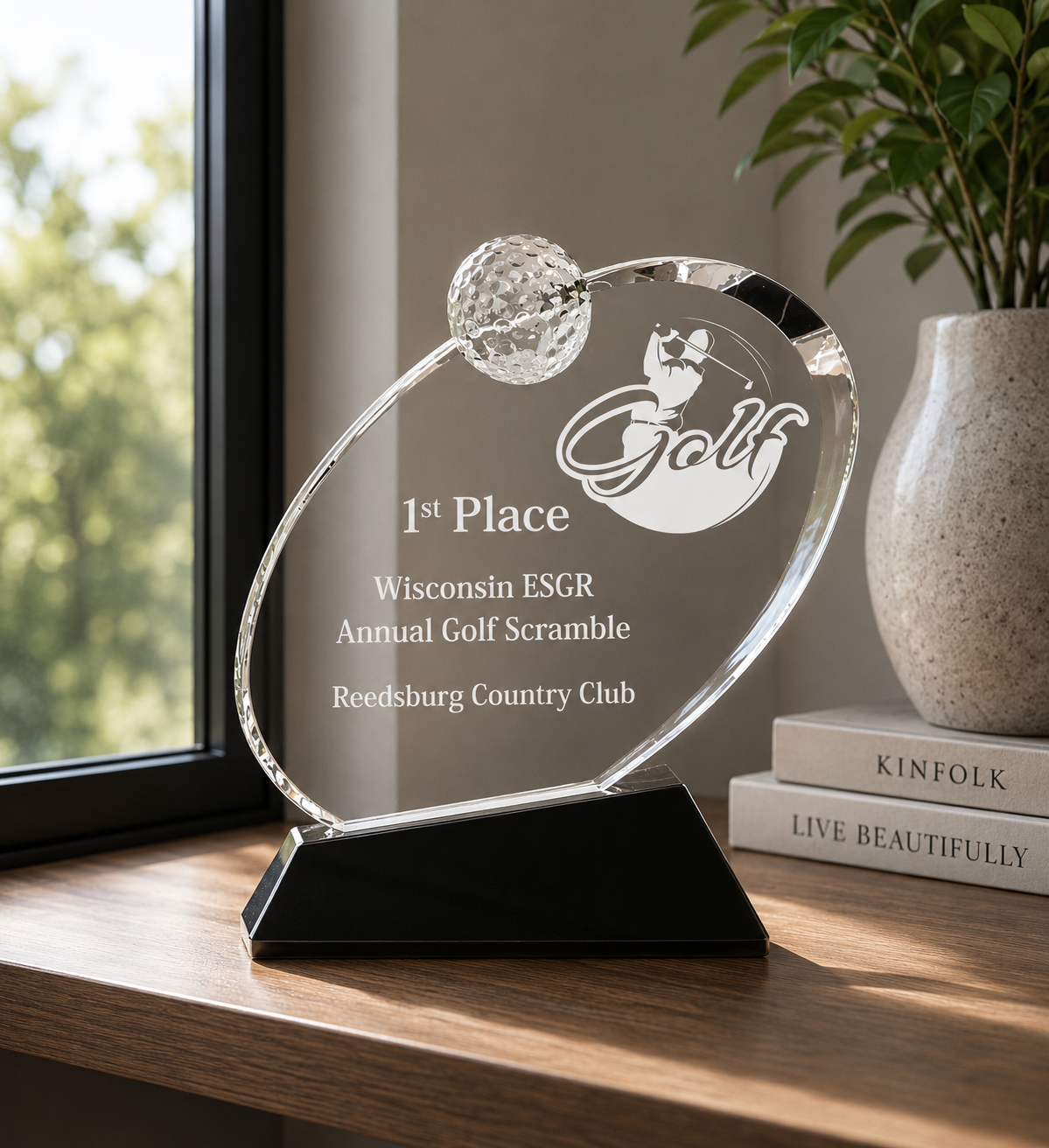 6 1/2" Clear Crystal Oblong Golf Award on Black Crystal Base