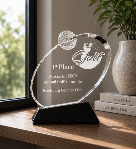 6 1/2" Clear Crystal Oblong Golf Award on Black Crystal Base