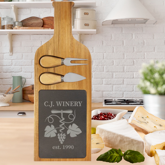 Acacia Wood Cheese Entertainment Cutting and Serving Board with Stainless Steel, Wood - Knife and Fork