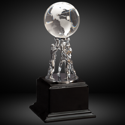 10" Clear Crystal Globe with Silver Men/Stand on Black Piano Finish Base