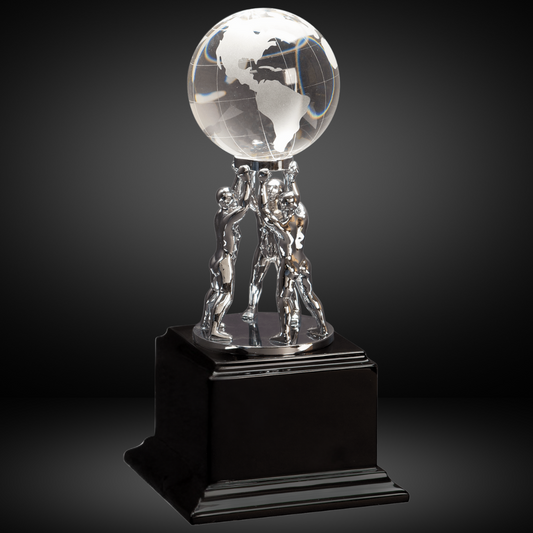 10" Clear Crystal Globe with Silver Men/Stand on Black Piano Finish Base