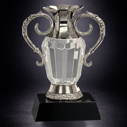 8" Crystal Cup with Silver Metal Handles on Black Pedestal Base