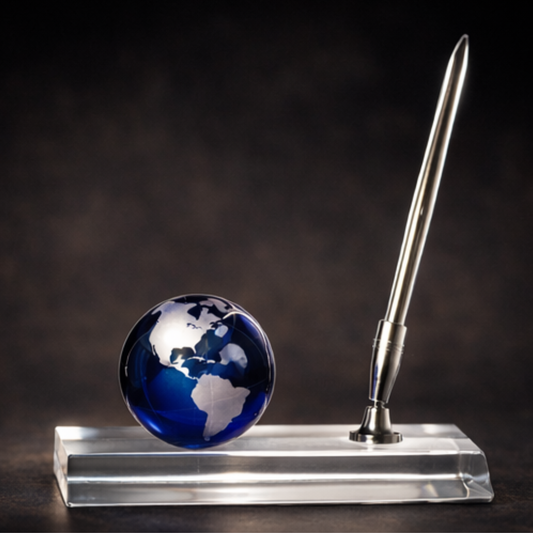 7" Blue Crystal Globe with Base and Pen